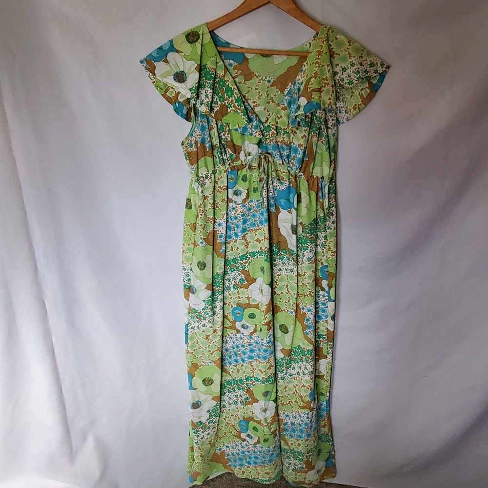 Long Nighthown Floral Mod Nighty Vintage Green Waist Drawstring Large ? Handmade